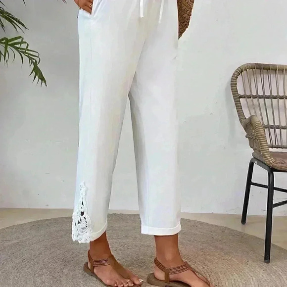 Boho Women's Patchwork Elastic Waist Slant Pocket Straight Leg Pants White - Picture 4 of 7